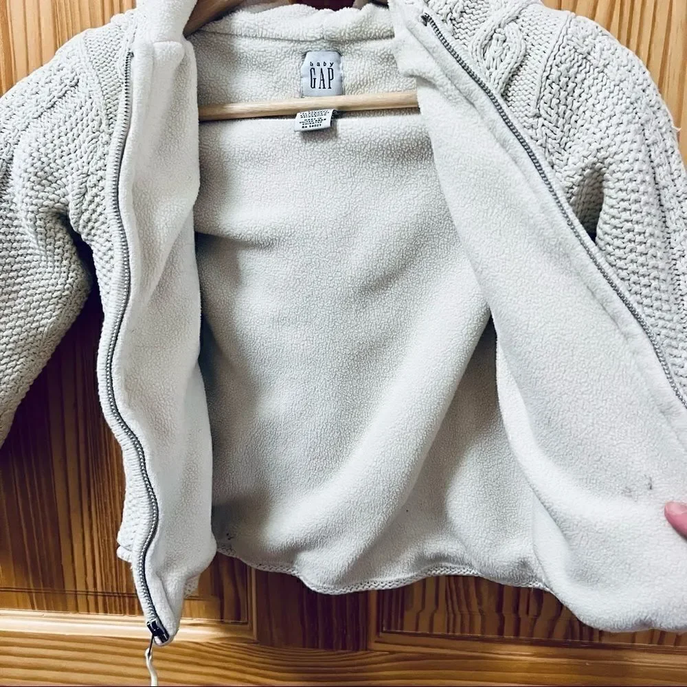 Baby Gap cream white cable knit full zip fleece lined hood sweater jacket coat 4